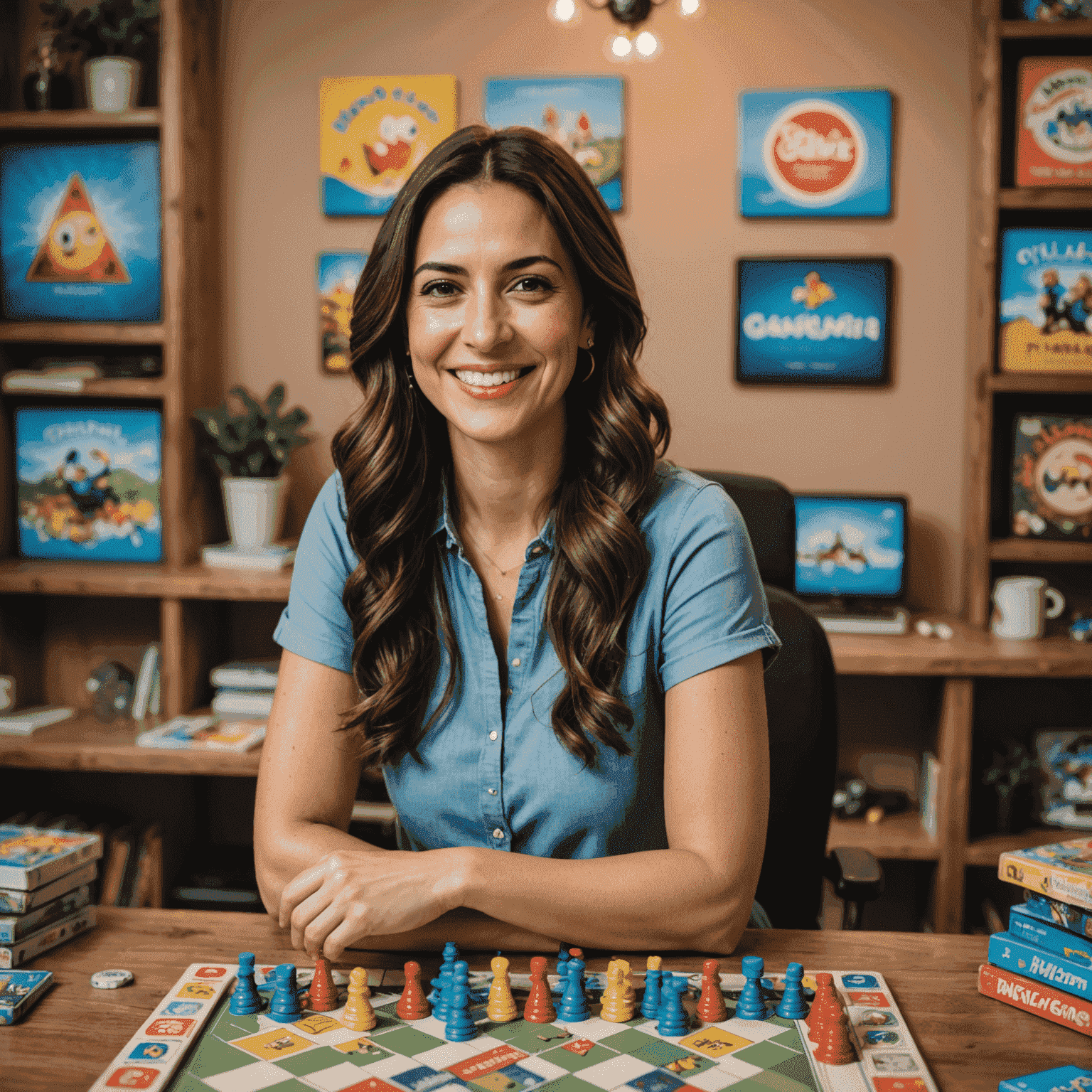 Portrait of Maria Garcia, founder of Plinplagame, smiling warmly with board games in the background