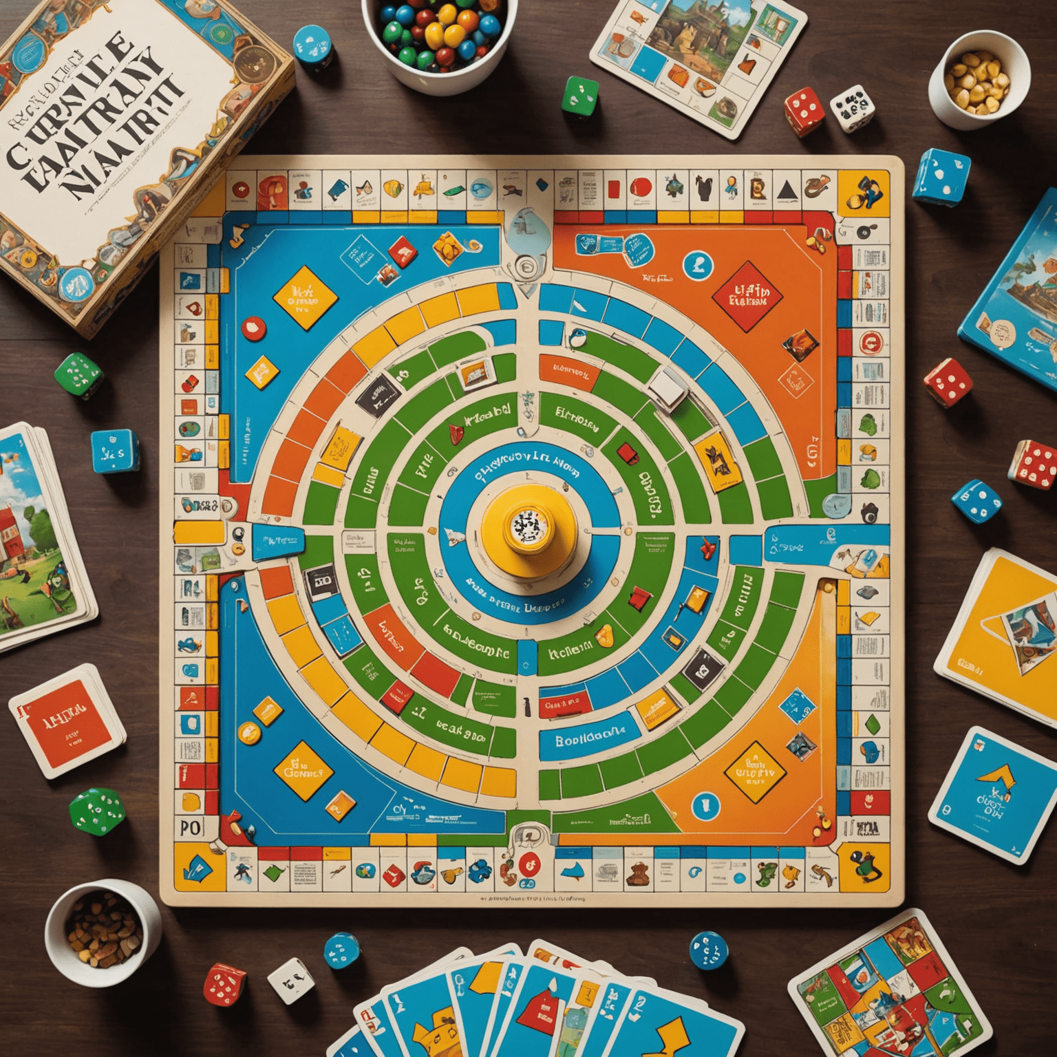 A collection of colorful board games arranged for family game night, featuring popular titles and exciting artwork