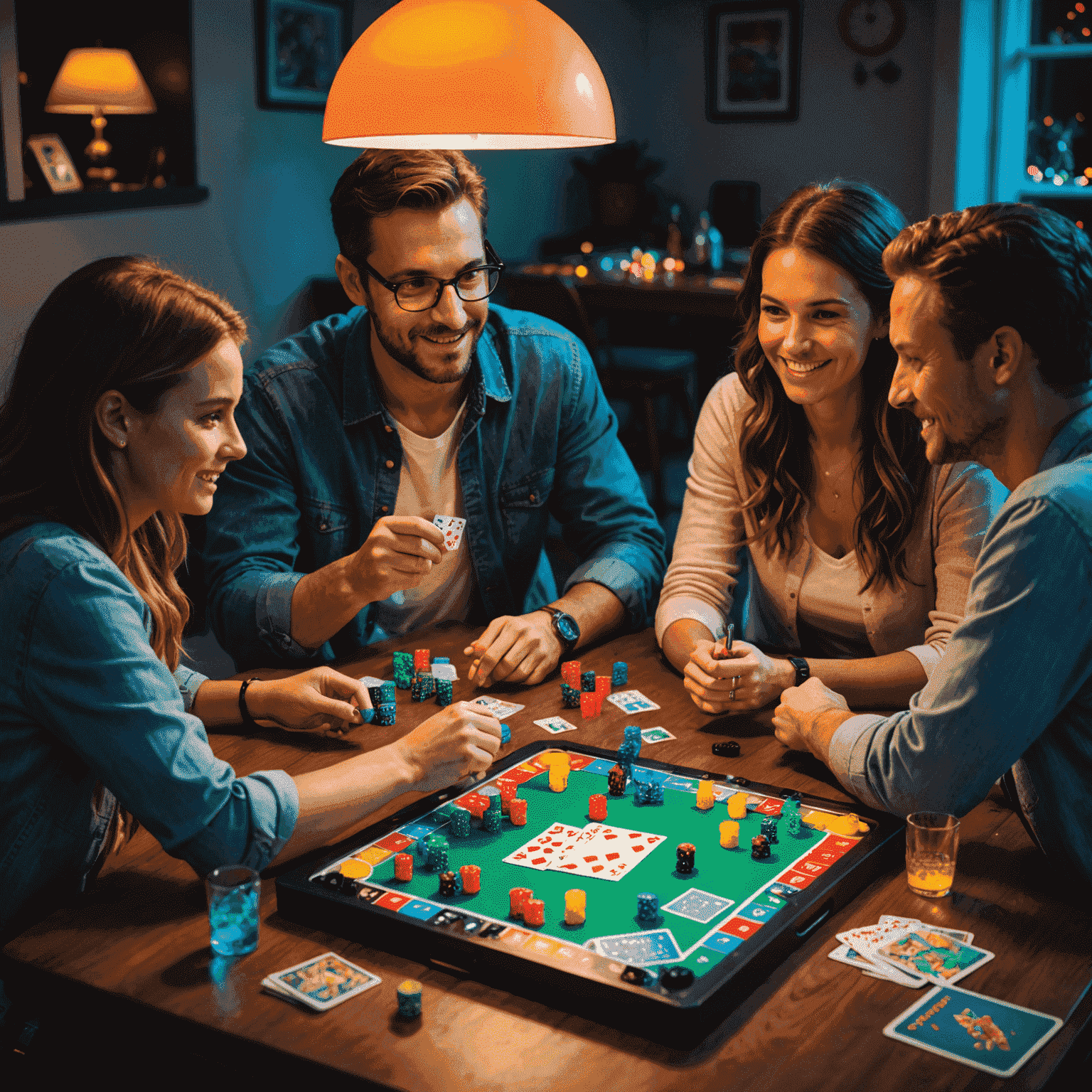 A family gathered around a table playing board games, with colorful game pieces and cards spread out. Neon lights illuminate the scene, creating a warm and inviting atmosphere.