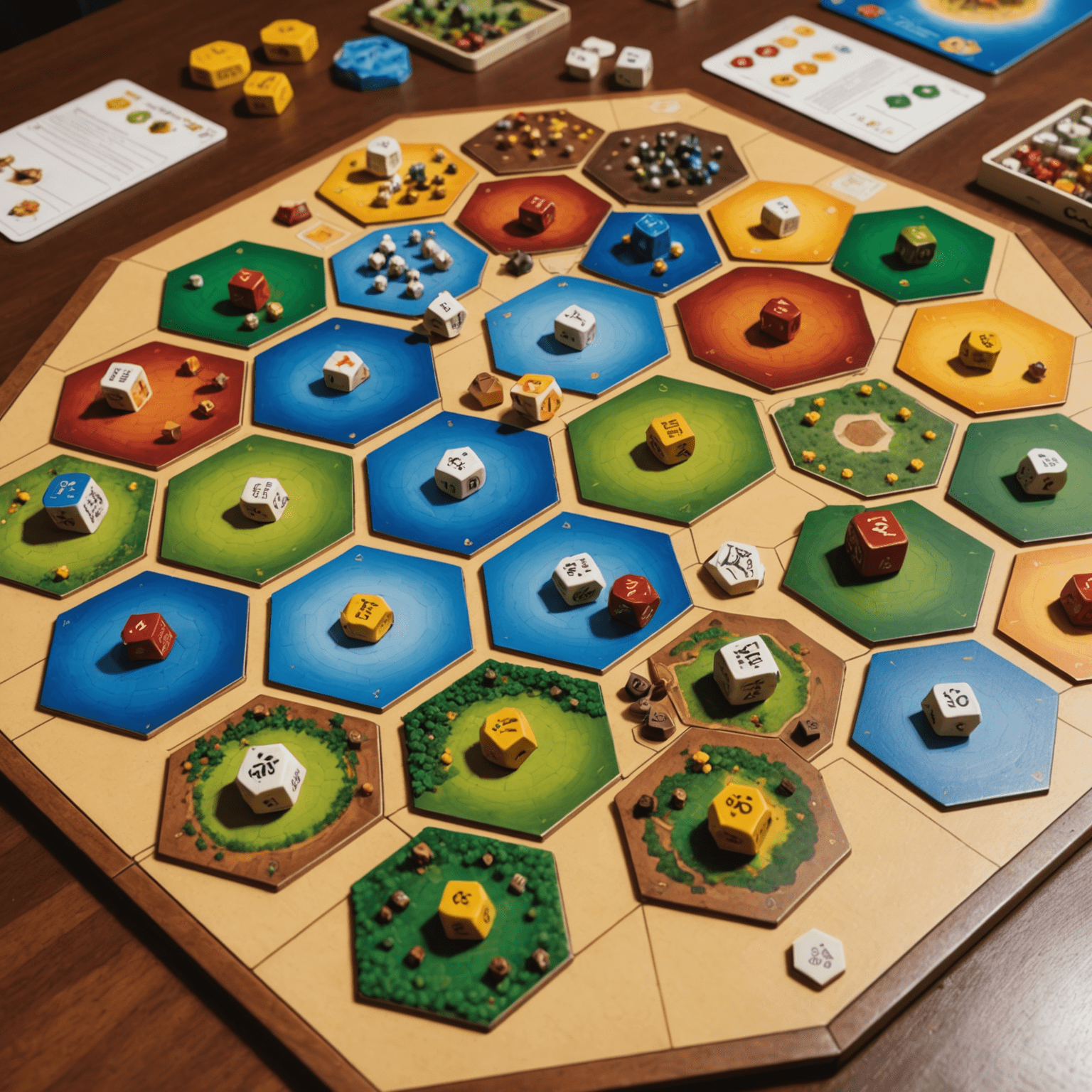 Catan board game setup with hexagonal tiles representing different resources, player pieces, and dice