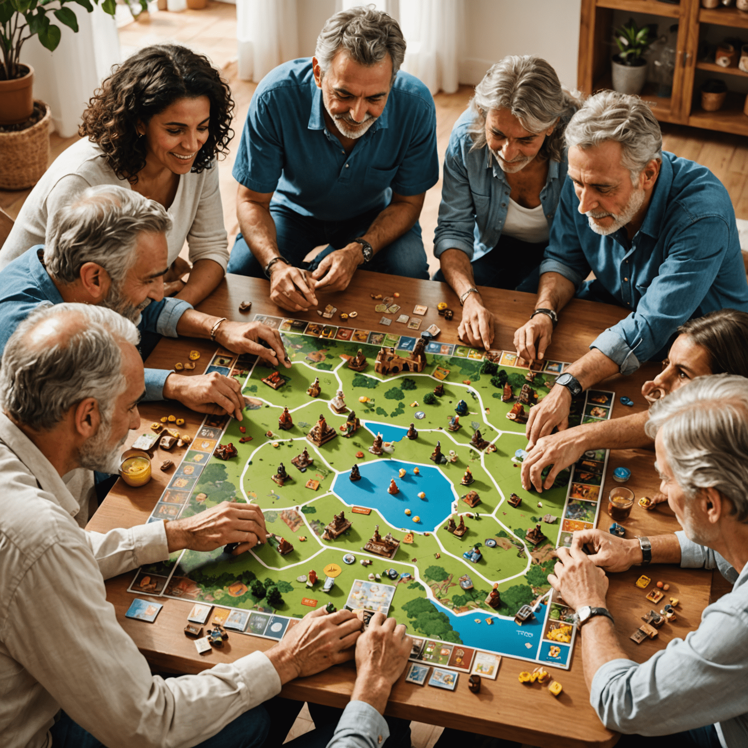 A group of diverse Spanish people gathered around a table, engrossed in a complex strategy board game. The image showcases various age groups and backgrounds, highlighting the inclusive nature of the board gaming community in Spain.