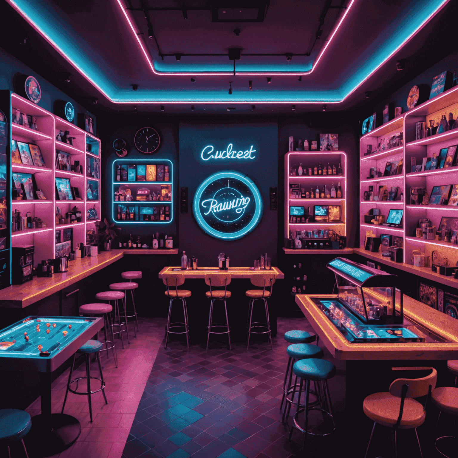 A vibrant board game cafe with neon-lit shelves filled with various board games, people gathered around tables playing games, and a futuristic bar serving drinks