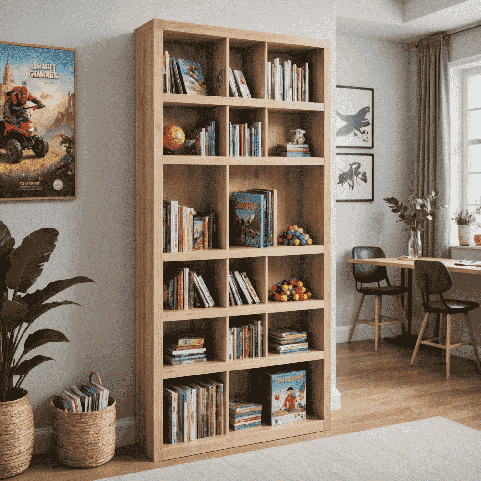 Custom-built vertical shelving unit with board games stored on their sides, maximizing space efficiency