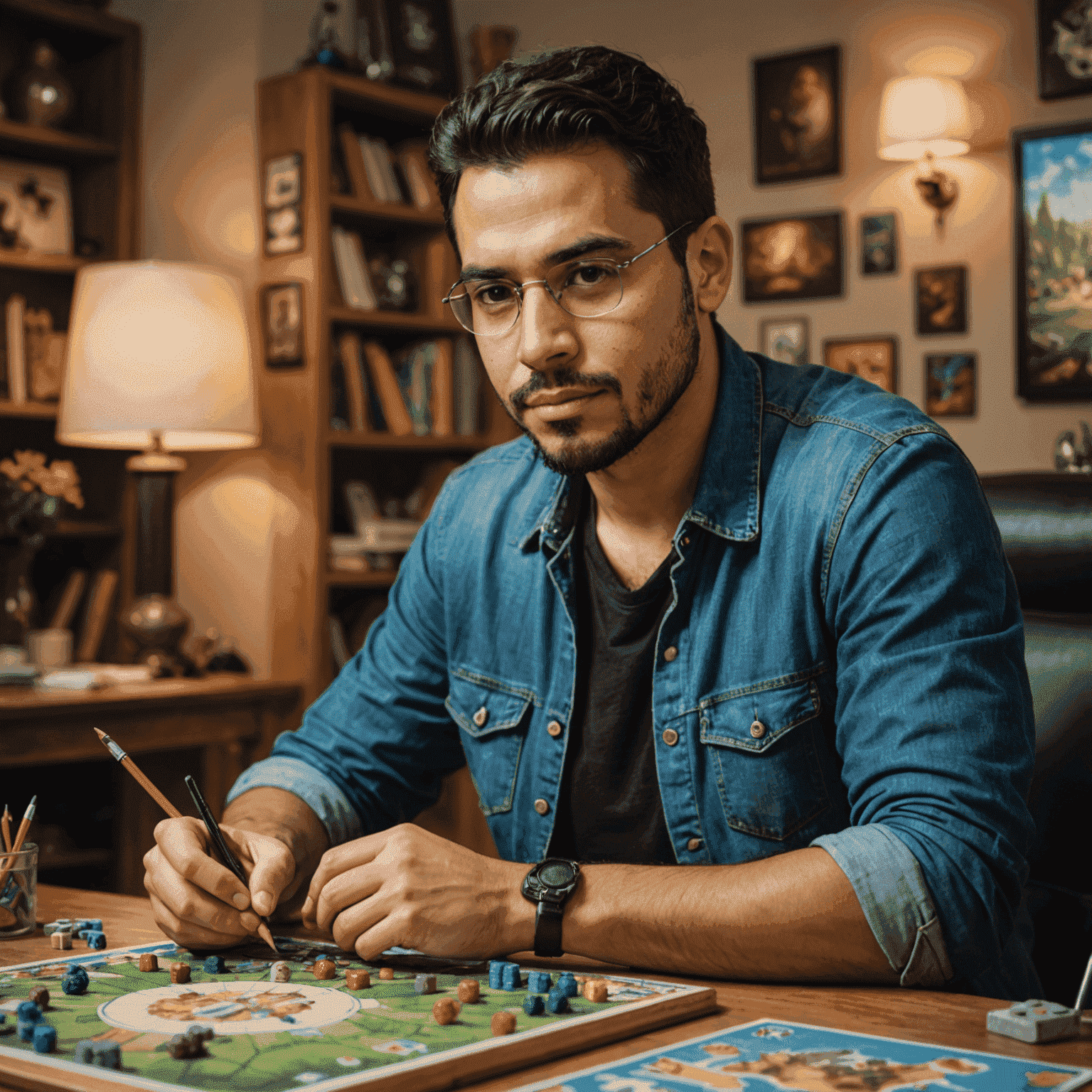 Portrait of Javier Rodriguez, game designer at Plinplagame, sketching a new board game concept