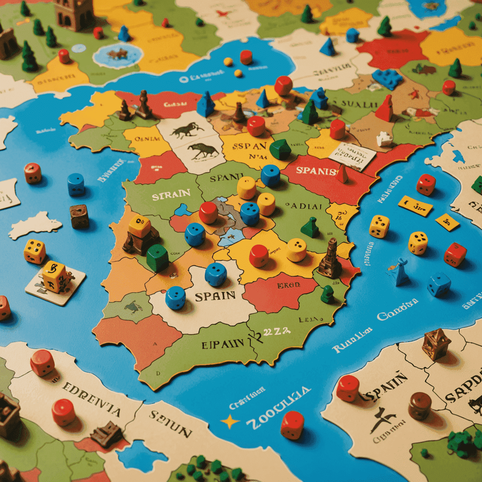 A map of Spain with board game pieces scattered across it, highlighting popular strategy games and Spanish landmarks