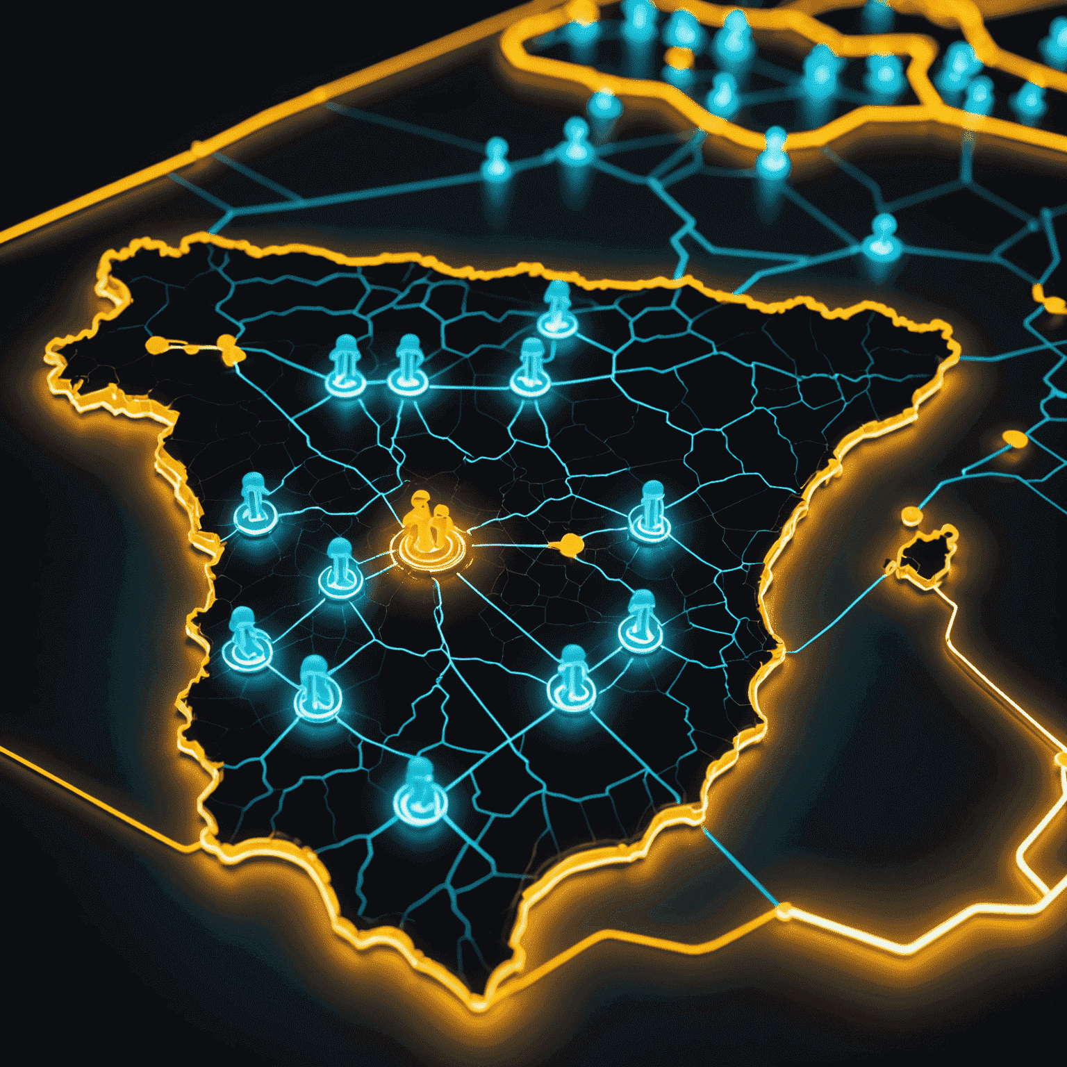 A map of Spain with glowing neon lines connecting various cities, each represented by a miniature strategy game piece. The background shows silhouettes of people engaged in gameplay.