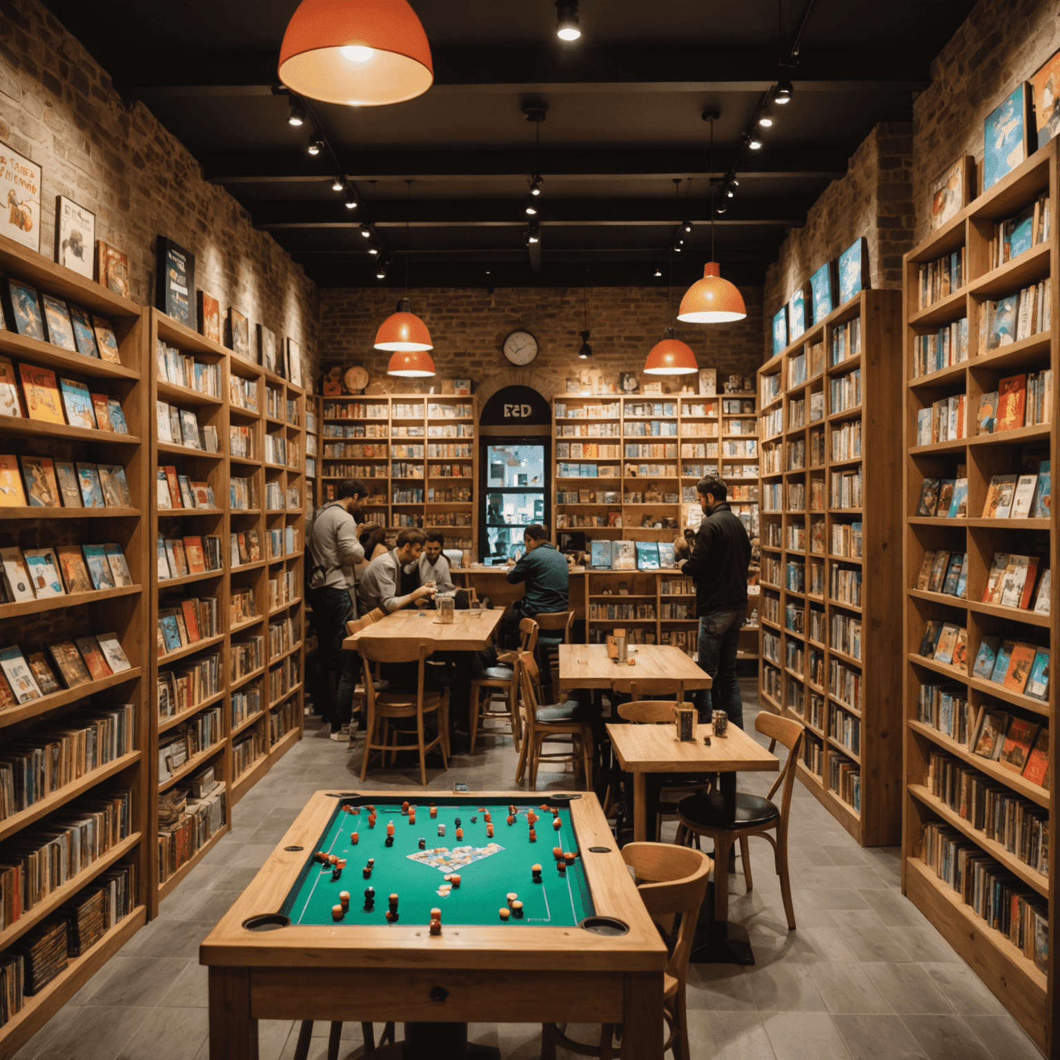 Interior of a bustling board game cafe in Barcelona, with shelves lined with colorful game boxes, and tables filled with people of all ages playing various strategy games. The atmosphere is warm and inviting, with subtle lighting and modern decor.