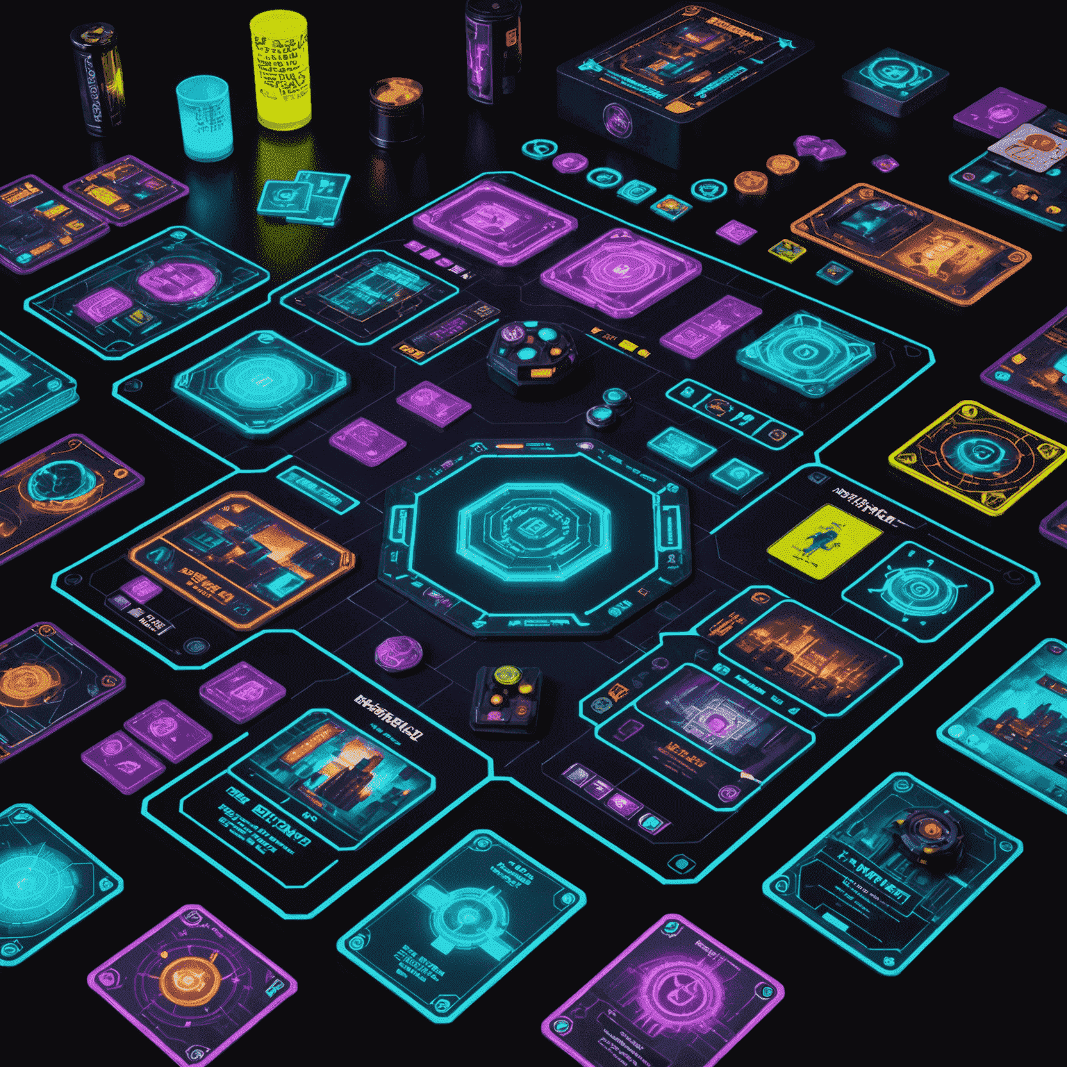 Neon Nights: Cyberpunk Detective game components spread out, showing cards, tokens, and a neon-lit city game board