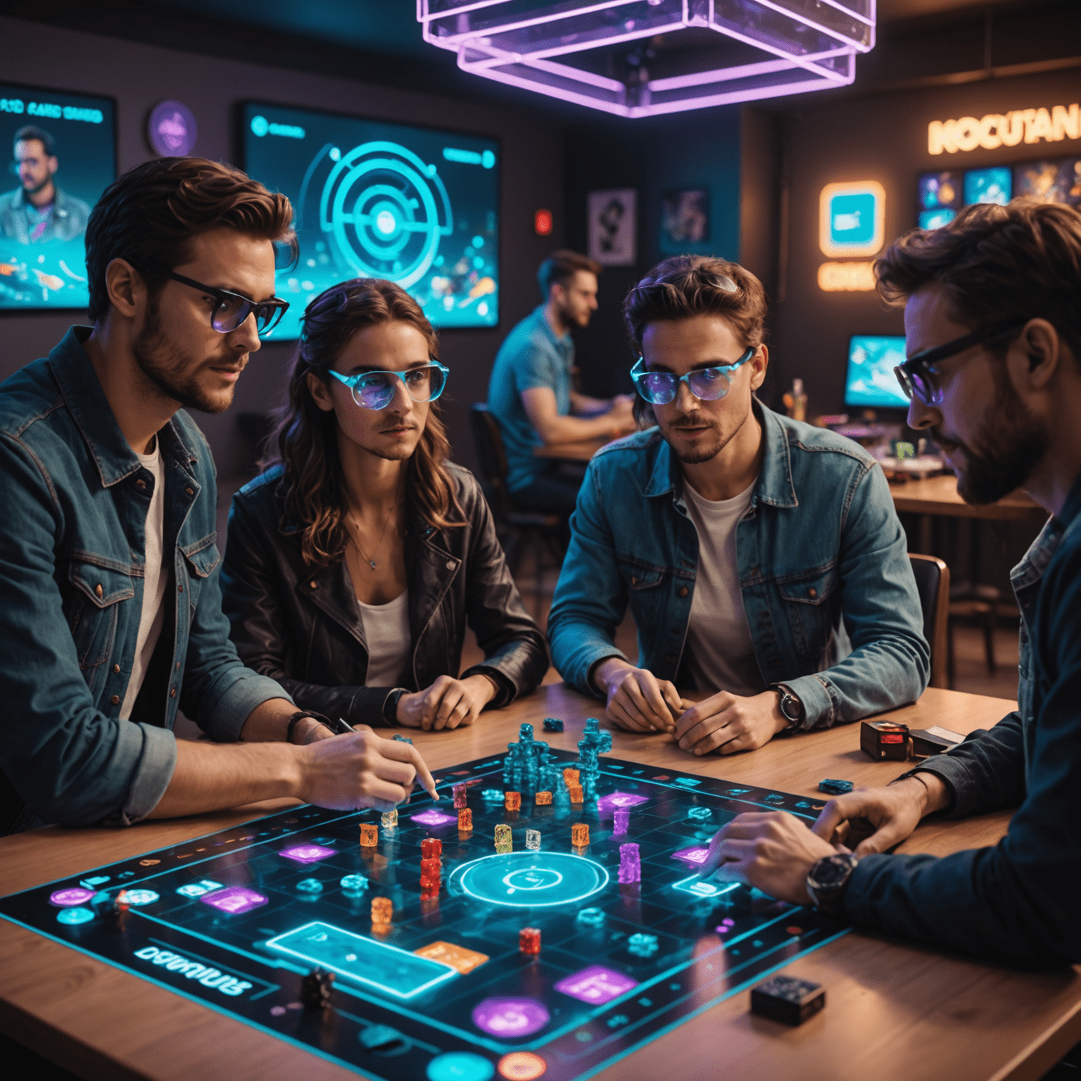 A futuristic board game night scene with holographic game pieces, neon-lit tables, and players wearing augmented reality glasses