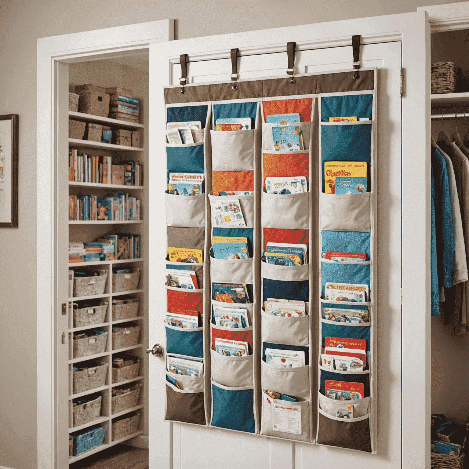 Over-the-door hanging fabric organizer with board games and card games neatly stored in individual pockets