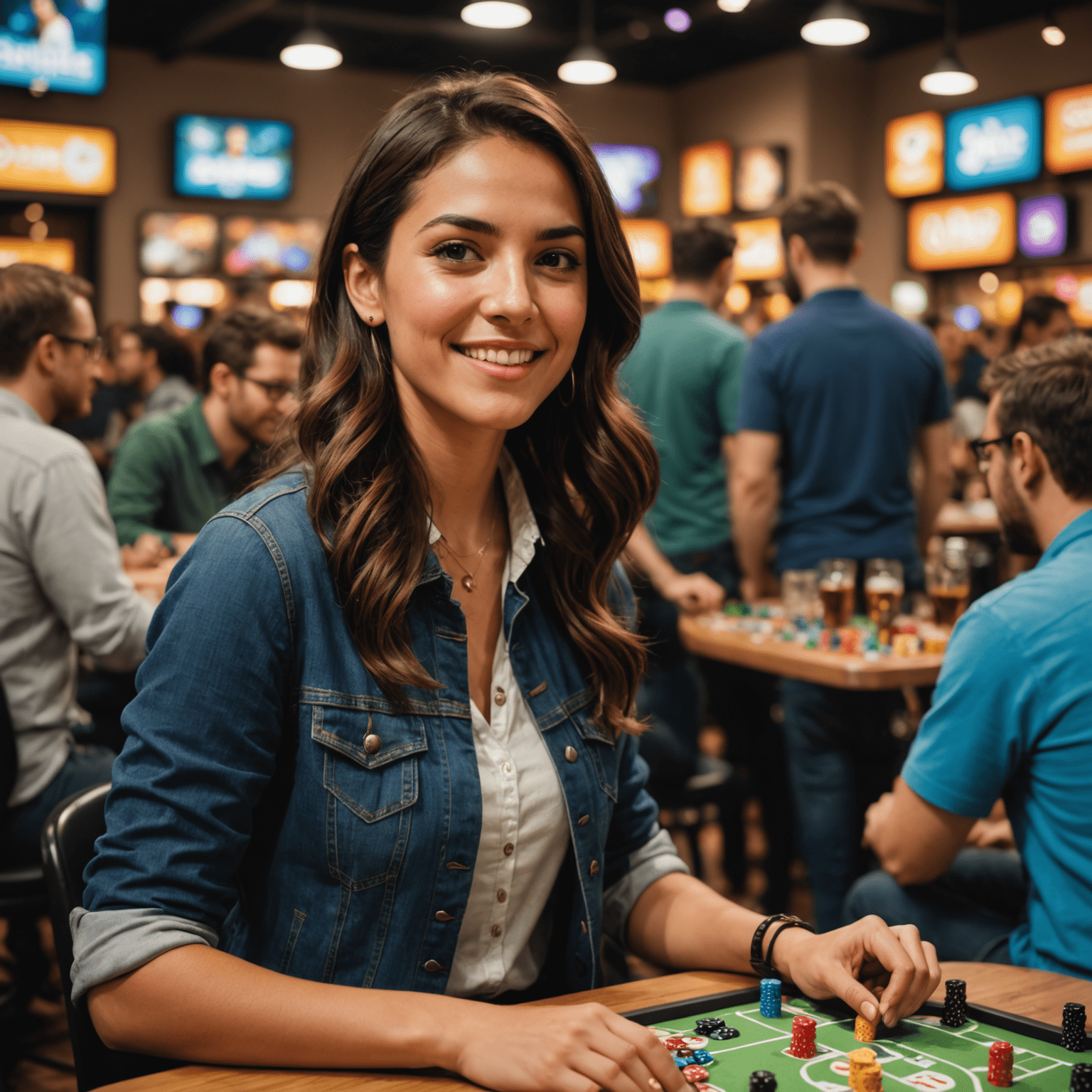 Portrait of Sofia Mendez, community manager at Plinplagame, engaging with customers at a game night event