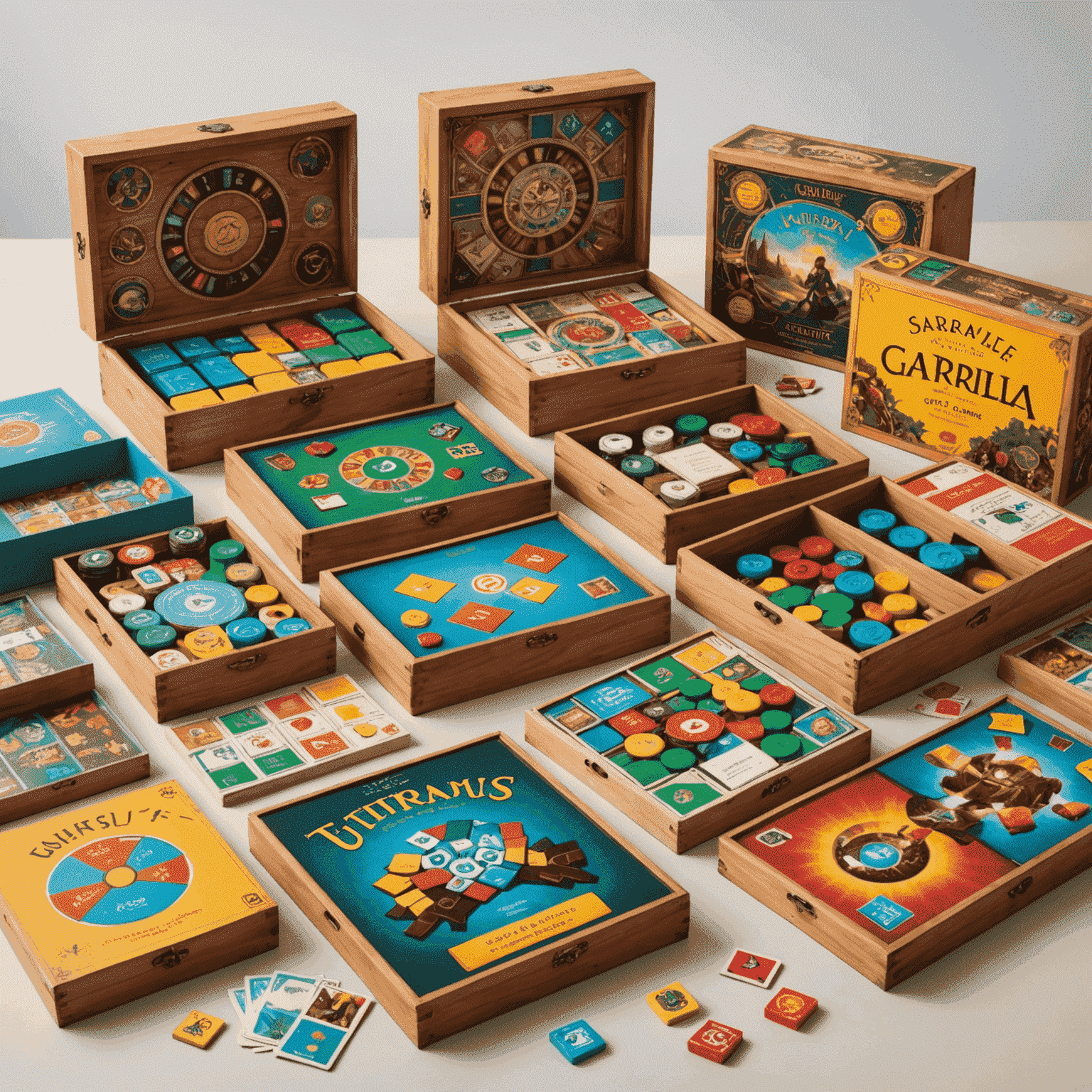 An array of newly released board games with their boxes open, showcasing vibrant components, cards, and game boards