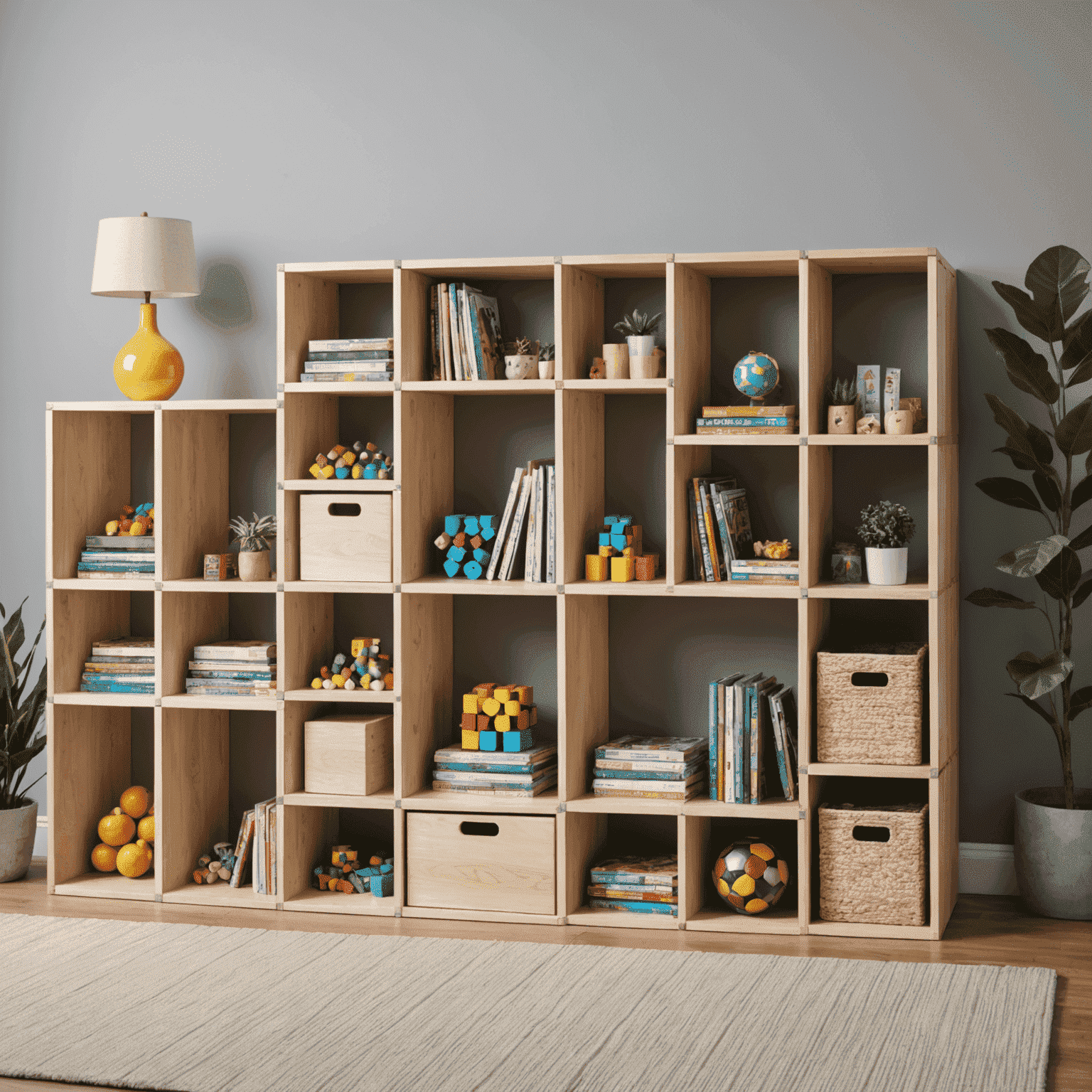 Modular cube storage system with board games of various sizes neatly arranged in individual cubes