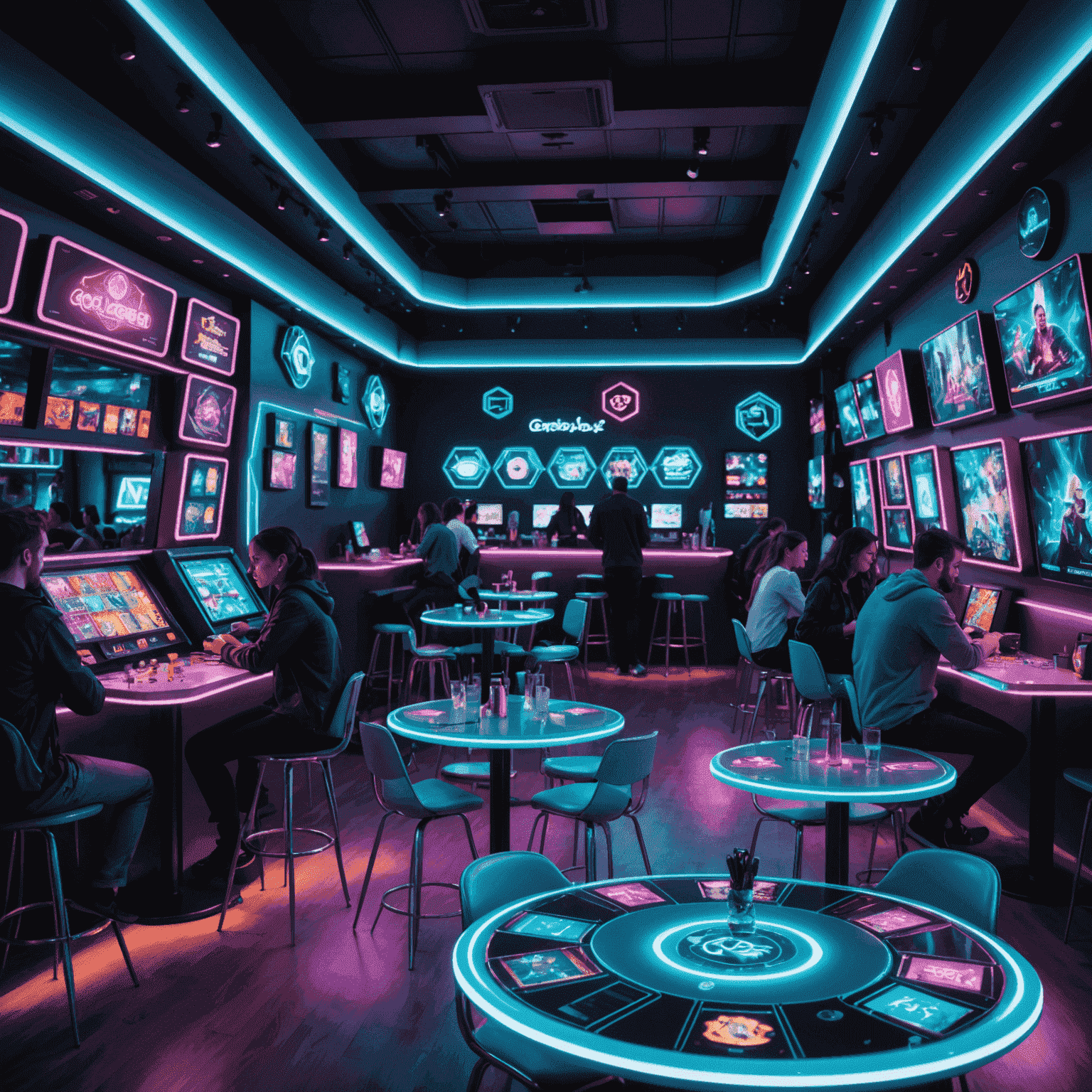 Interior of a sleek, futuristic board game cafe with neon-lit tables, holographic game menus, and diverse groups of people enjoying various games. The atmosphere is vibrant and social.