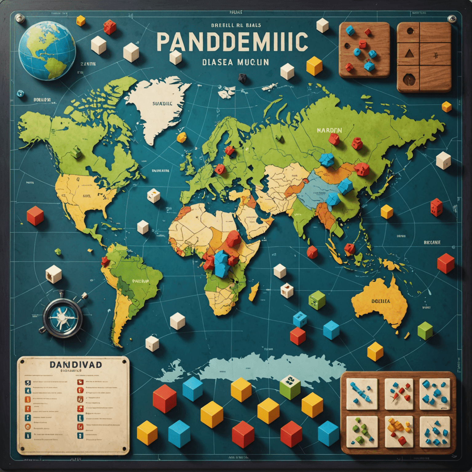 Pandemic game board showing a world map with disease cubes and player pawns