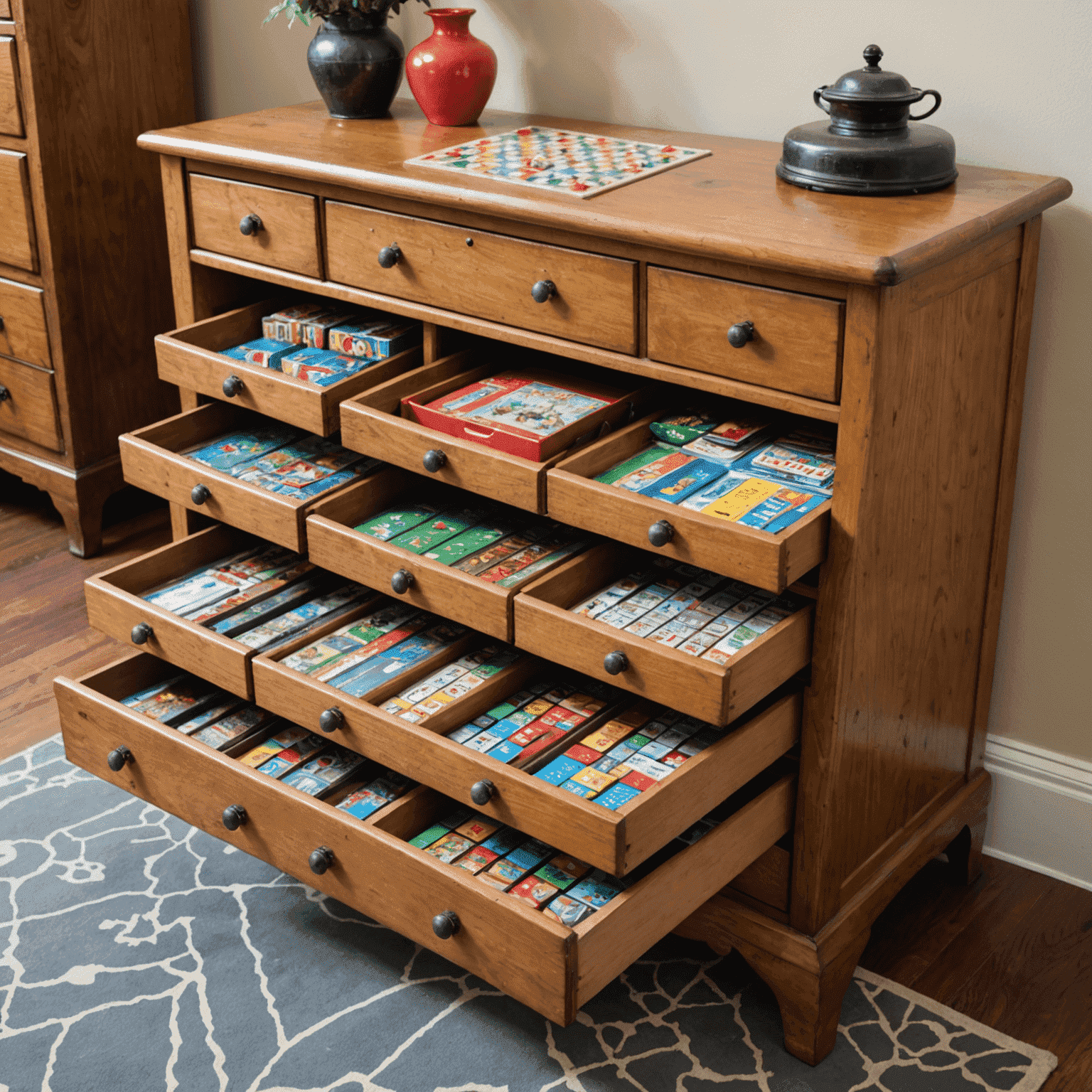 Vintage dresser repurposed as a board game storage unit, with games neatly arranged in open drawers