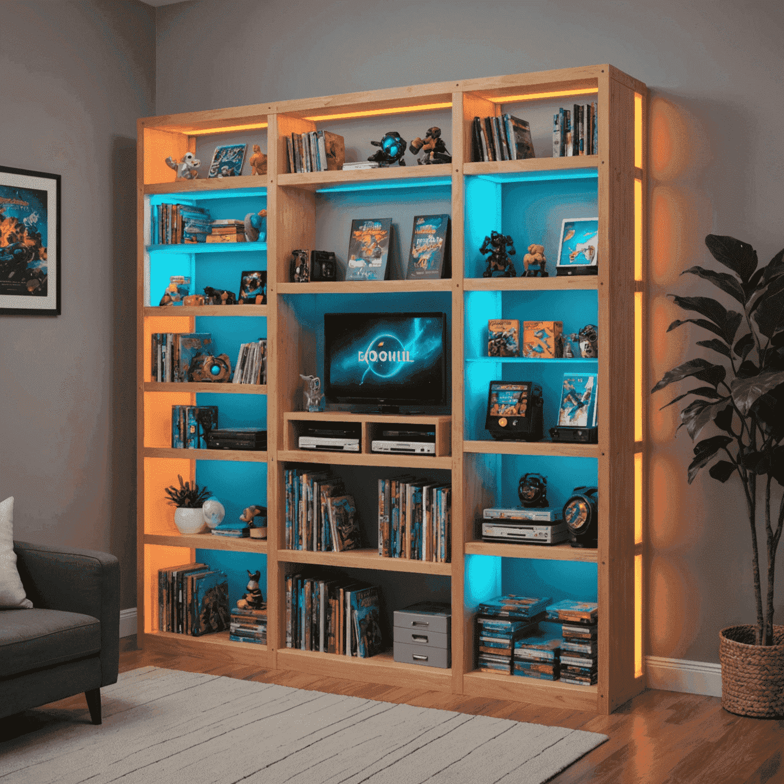 A series of innovative, space-saving storage solutions for board games, featuring modular neon-lit shelves, multi-functional furniture, and compact organizers. The image showcases creative ways to store a large game collection in a small space.