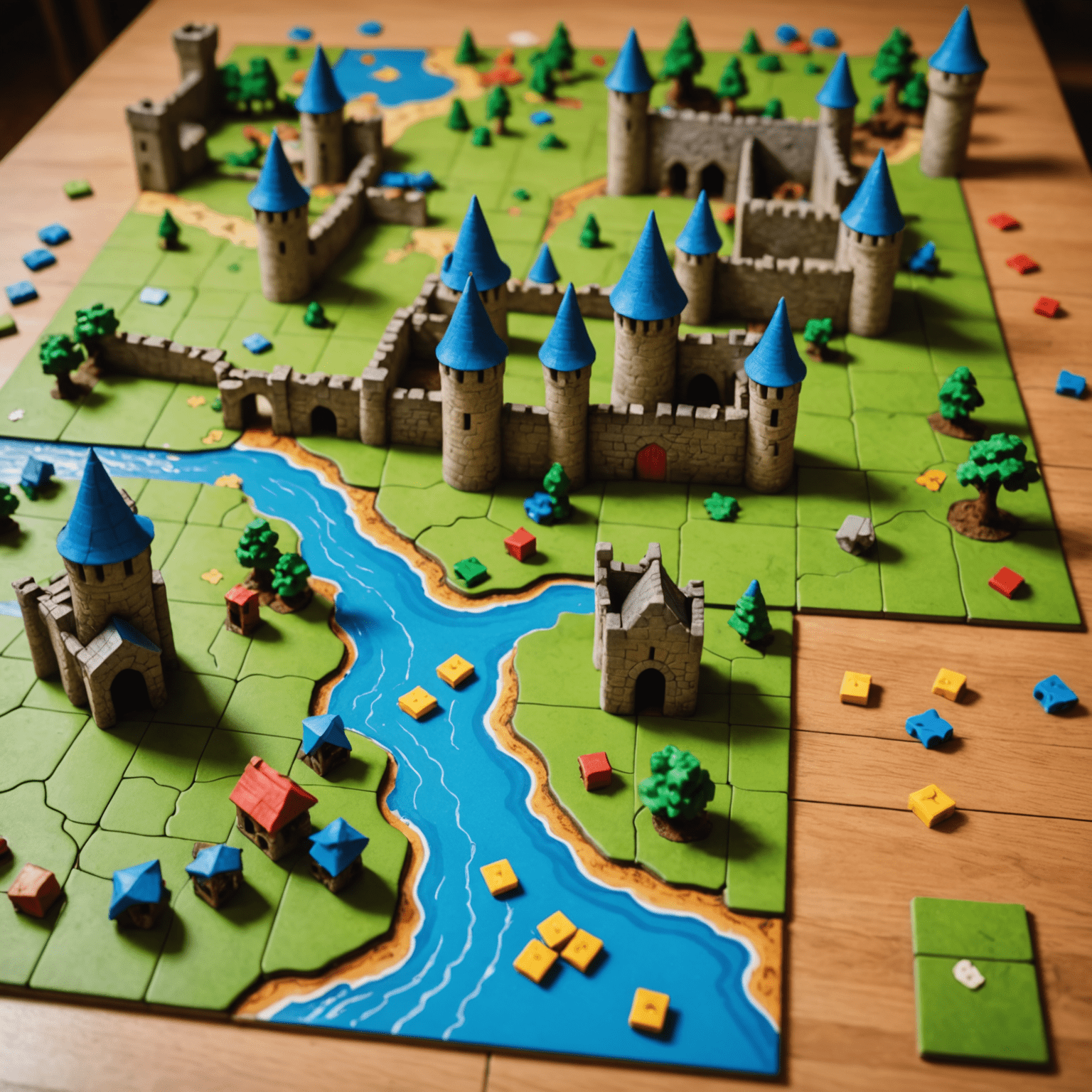 Carcassonne game in progress with tiles forming a medieval landscape and meeples placed on features