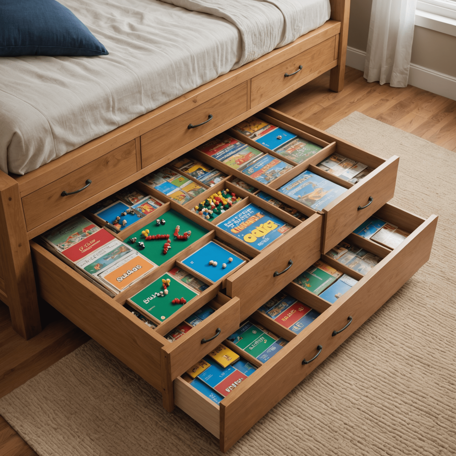 Custom-built under-bed storage drawers filled with board games, utilizing otherwise unused space