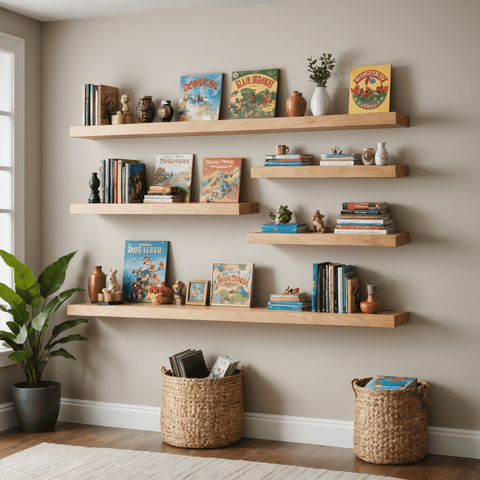 Floating shelves mounted on a wall, displaying board games as both storage and decor