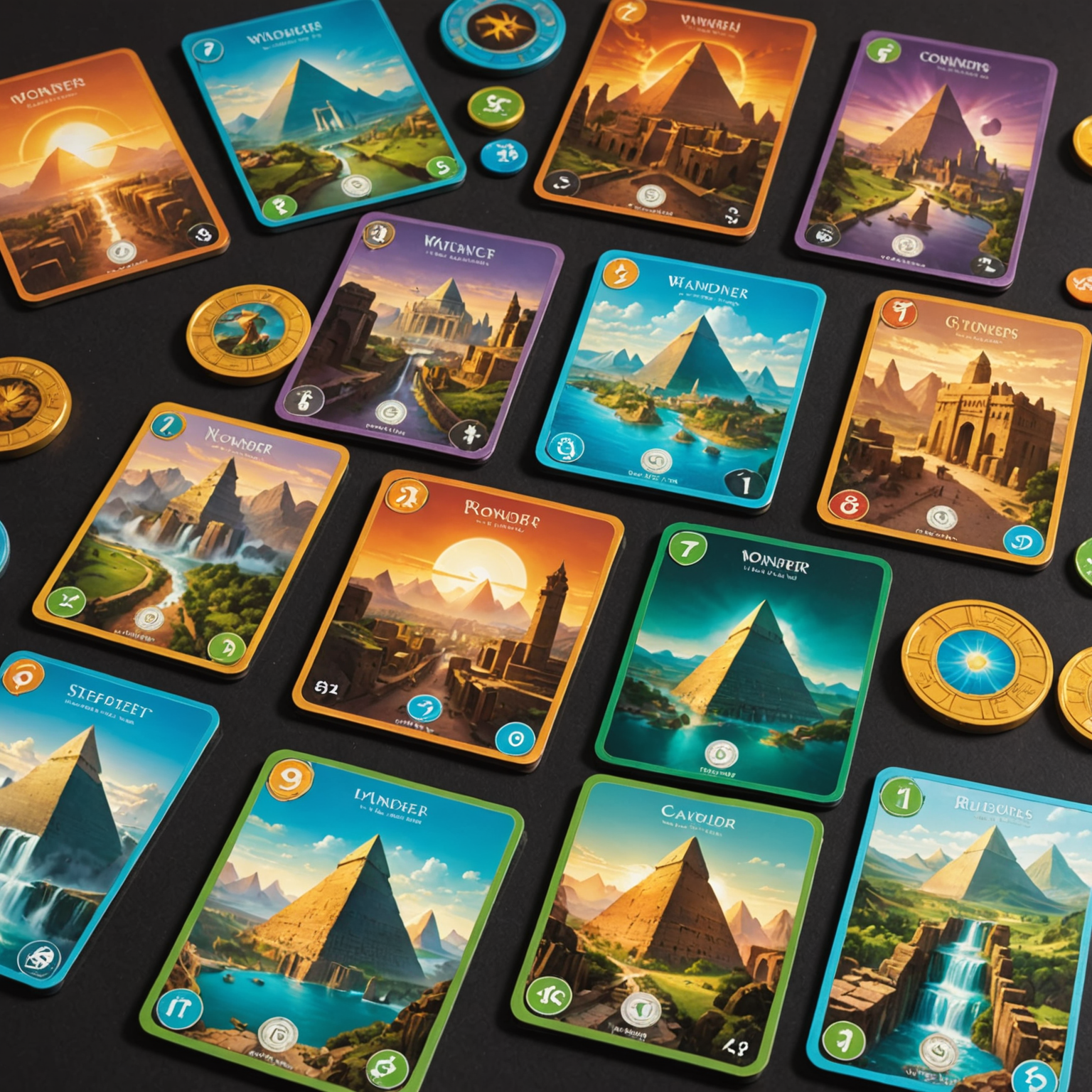 7 Wonders game with wonder boards, card decks, and resource tokens