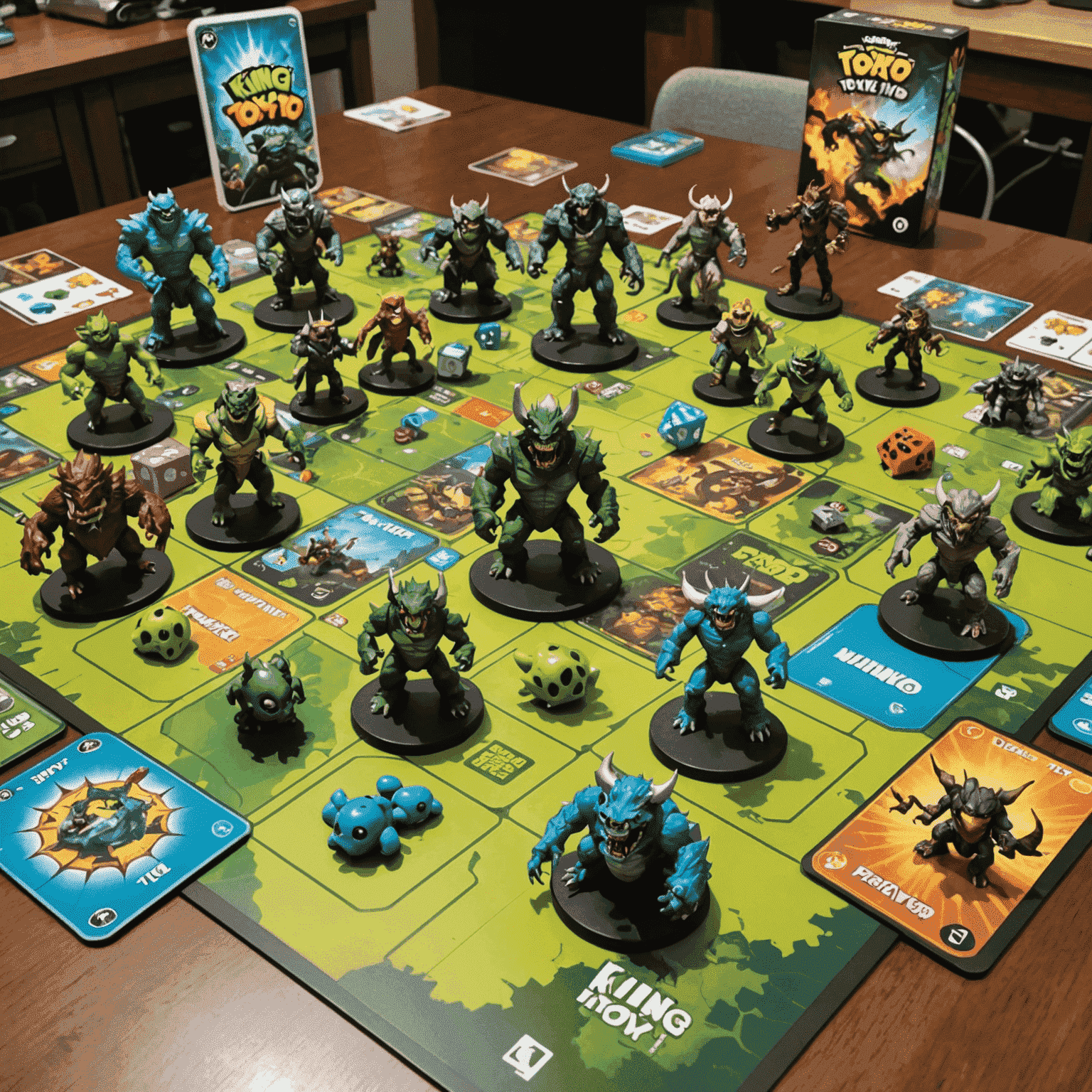 King of Tokyo game board with monster figurines, dice, and power cards